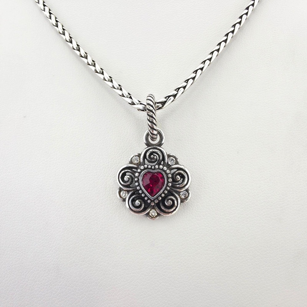 BRIGHTON 'July' Birthstone Necklace Charm Ruby Crystal Scroll Silver Plate 20"